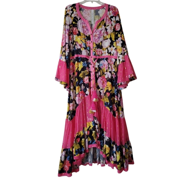 NWT Aratta Flower Bomb High Low Dress Pink Black L/S V-Neck Button Front Small - Picture 2 of 13